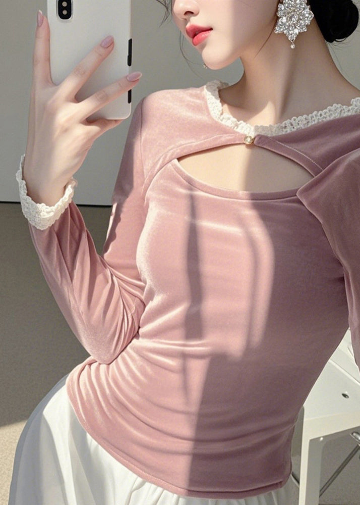 Cute Pink O-Neck Asymmetrical Silk Velour Tops Spring