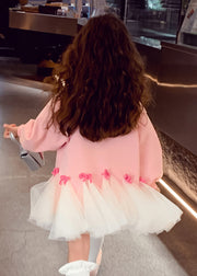 Cute Pink O-Neck Bow Tulle Patchwork Girls Maxi Dresses Spring