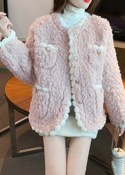 Cute Pink O-Neck Button Faux Fur Coats Fall