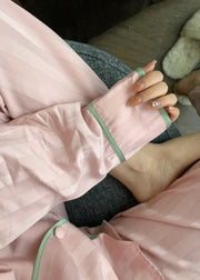 Cute Pink O-Neck Button Side Open Solid Ice Silk Pajamas Two Pieces Set Spring