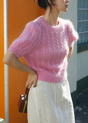 Cute Pink O-Neck Cable Knit Woolen Sweater Fall