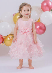 Cute Pink O-Neck Embroideried Patchwork Tulle Girls Maxi Dress Sleeveless