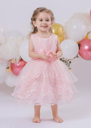 Cute Pink O-Neck Embroideried Patchwork Tulle Girls Maxi Dress Sleeveless