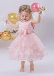 Cute Pink O-Neck Embroideried Patchwork Tulle Girls Maxi Dress Sleeveless