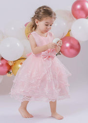 Cute Pink O-Neck Embroideried Patchwork Tulle Girls Maxi Dress Sleeveless