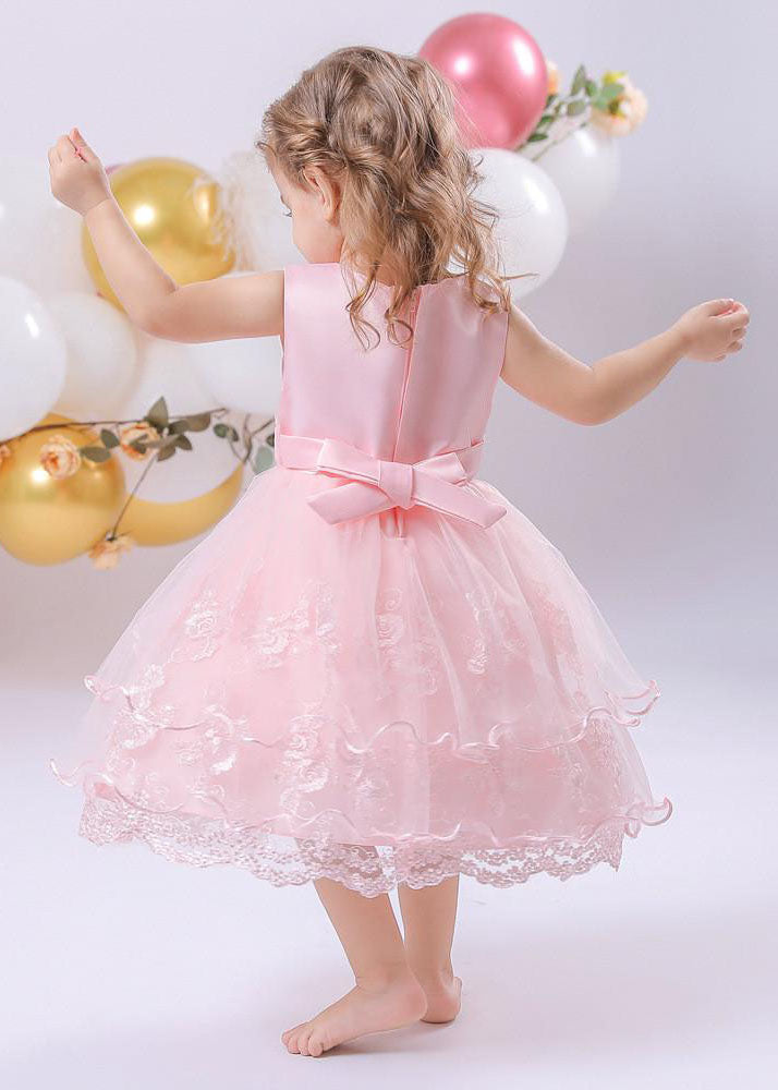 Cute Pink O-Neck Embroideried Patchwork Tulle Girls Maxi Dress Sleeveless