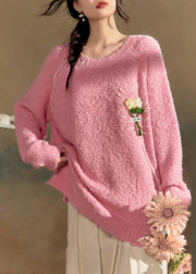 Cute Pink O-Neck Floral Cotton Knit Sweaters Spring