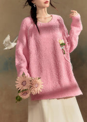 Cute Pink O-Neck Floral Cotton Knit Sweaters Spring