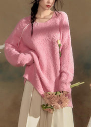 Cute Pink O-Neck Floral Cotton Knit Sweaters Spring