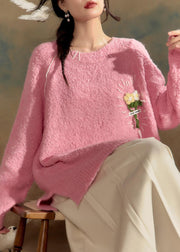 Cute Pink O-Neck Floral Cotton Knit Sweaters Spring