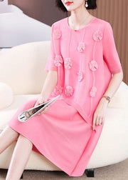 Cute Pink O-Neck Floral Patchwork Long Dress Short Sleeve