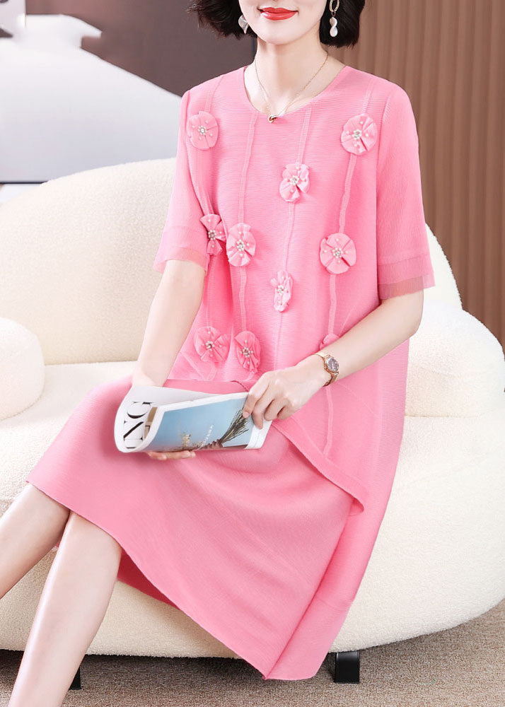 Cute Pink O-Neck Floral Patchwork Long Dress Short Sleeve