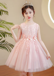 Cute Pink O-Neck Floral Pearl Tulle Girls Maxi Dress Sleeveless