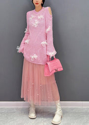 Cute Pink O-Neck Knit Top And Tulle Maxi Skirts Two Pieces Set Fall