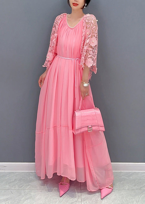 Cute Pink O-Neck Lace Patchwork Nail Bead Chiffon Long Dress Summer