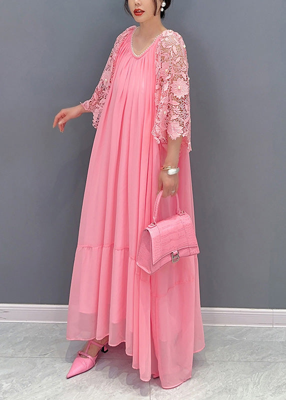Cute Pink O-Neck Lace Patchwork Nail Bead Chiffon Long Dress Summer
