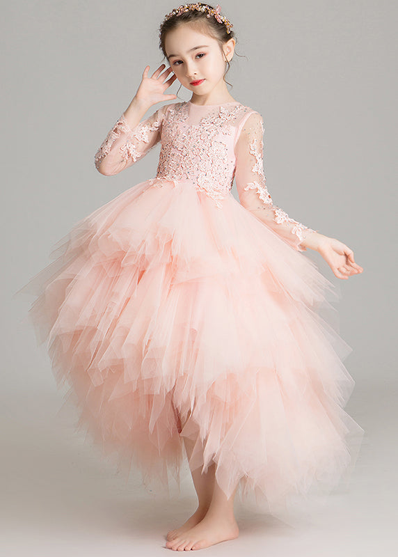 Cute Pink O-Neck Low High Design Tulle Girls Maxi Dress Sleeveless