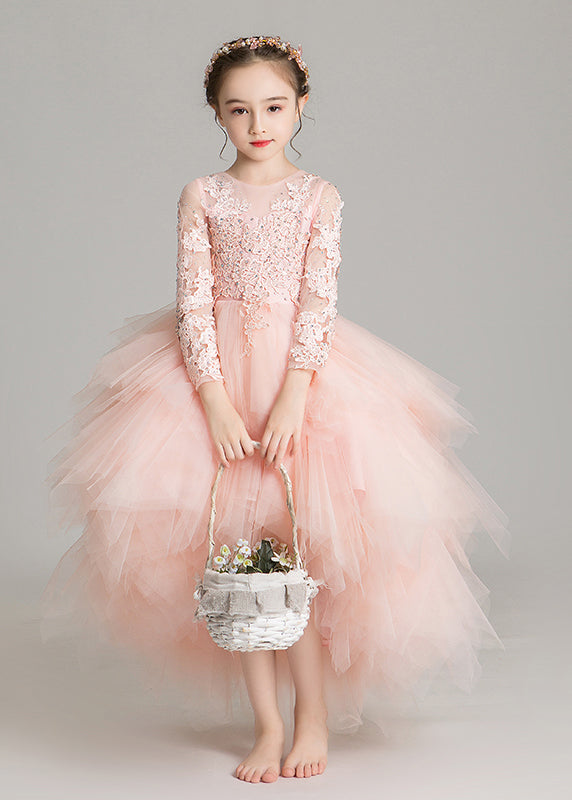 Cute Pink O-Neck Low High Design Tulle Girls Maxi Dress Sleeveless