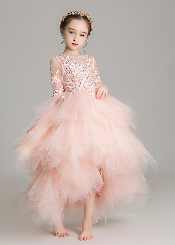 Cute Pink O-Neck Low High Design Tulle Girls Maxi Dress Sleeveless