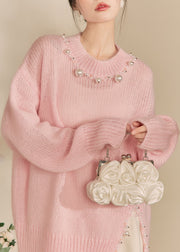 Cute Pink O-Neck Nail Bead Thick Cotton Knit Sweaters Winter