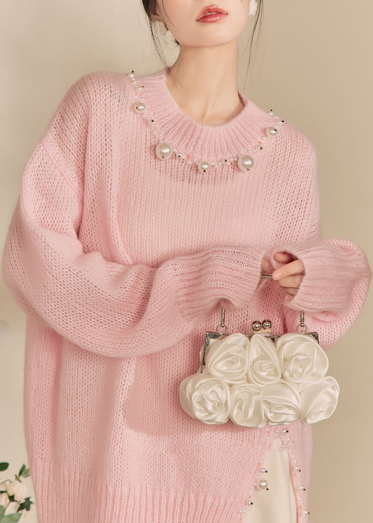 Cute Pink O-Neck Nail Bead Thick Cotton Knit Sweaters Winter