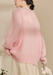 Cute Pink O-Neck Nail Bead Thick Cotton Knit Sweaters Spring