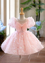 Cute Pink O-Neck Nail Bead Tulle Kids Long Dress Summer