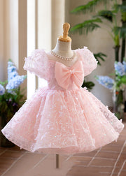 Cute Pink O-Neck Nail Bead Tulle Kids Long Dress Summer