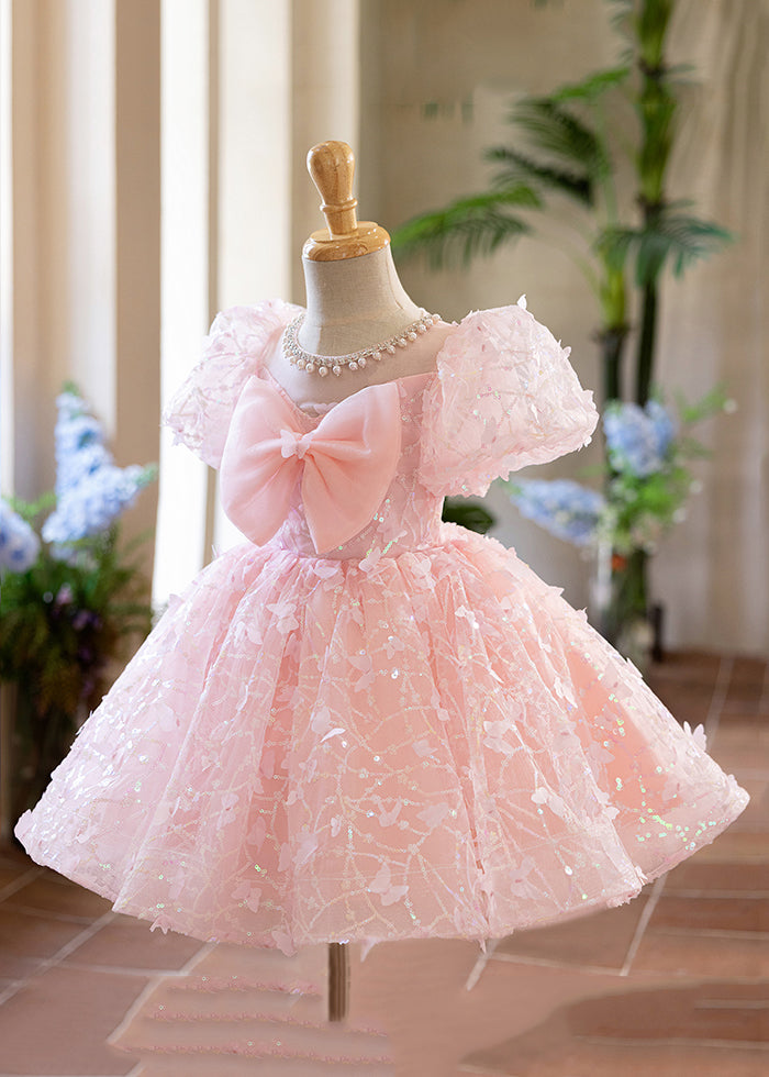 Cute Pink O-Neck Nail Bead Tulle Kids Long Dress Summer