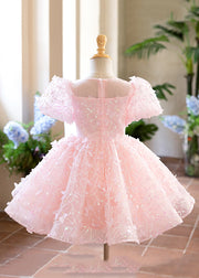 Cute Pink O-Neck Nail Bead Tulle Kids Long Dress Summer