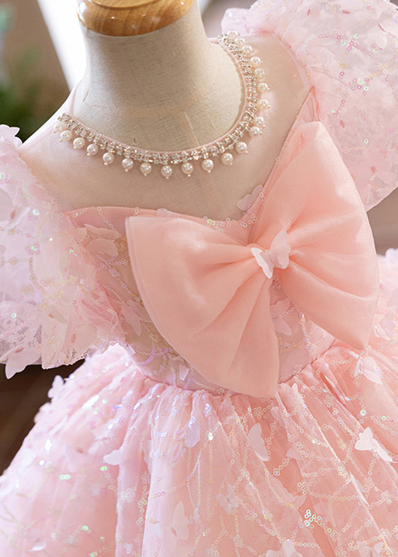 Cute Pink O-Neck Nail Bead Tulle Kids Long Dress Summer