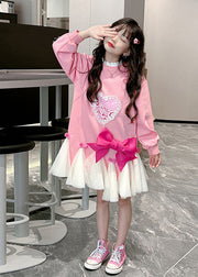 Cute Pink O-Neck Patchwork Kids Maxi Dresses Spring