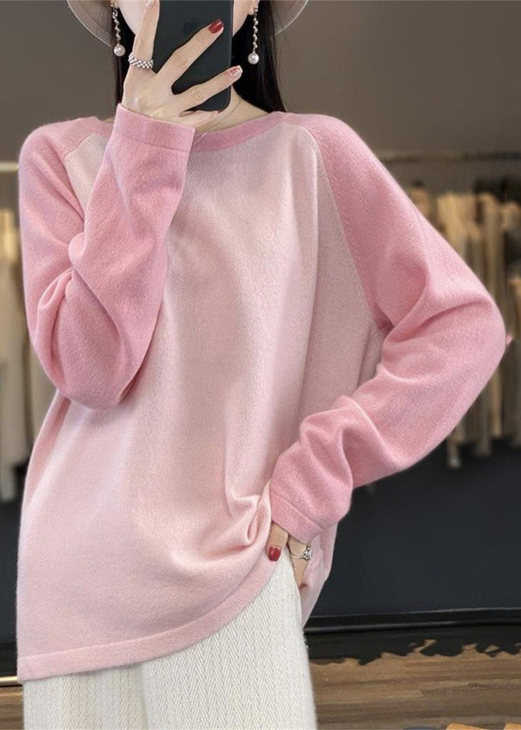 Cute Pink O-Neck Patchwork Wool Knit Sweaters Top Fall