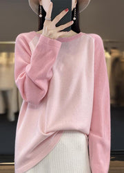 Cute Pink O-Neck Patchwork Wool Knit Sweaters Top Fall