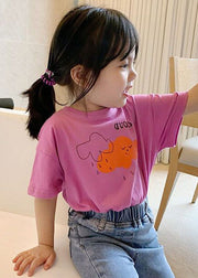 Cute Pink O Neck Print Cotton Girls T Shirt Summer