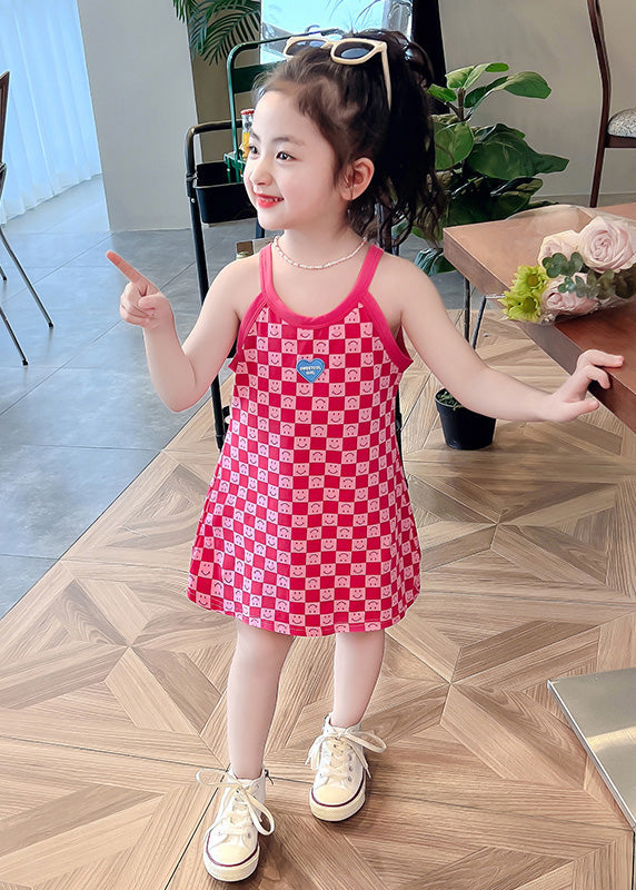 Cute Pink O-Neck Print Girls Slip Mid Dress Summer