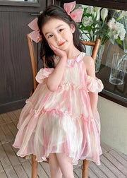 Cute Pink O-Neck Ruffled Chiffon Girls Dress Summer