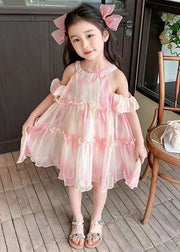 Cute Pink O-Neck Ruffled Chiffon Girls Dress Summer