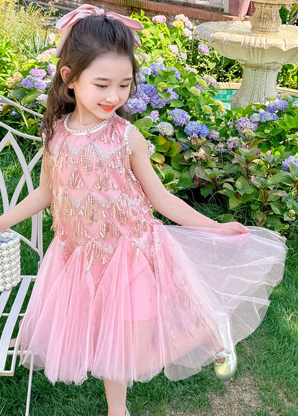 Cute Pink O-Neck Sequins Tassel Tulle Girls Long Dresses Sleeveless