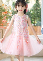 Cute Pink O-Neck Sequins Tulle Girls Long Dress Summer