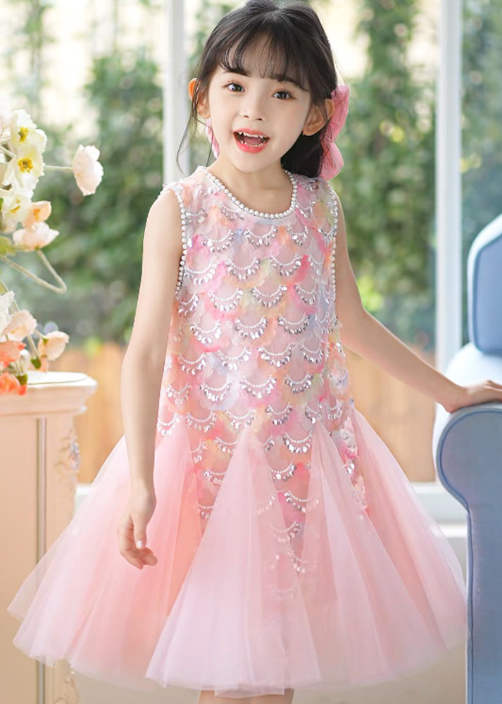 Cute Pink O-Neck Sequins Tulle Girls Long Dress Summer