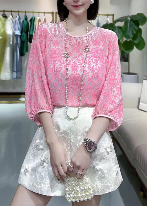 Cute Pink O-Neck Silk Velour Patchwork Chiffon T Shirt Fall