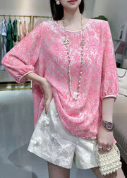 Cute Pink O-Neck Silk Velour Patchwork Chiffon T Shirt Fall