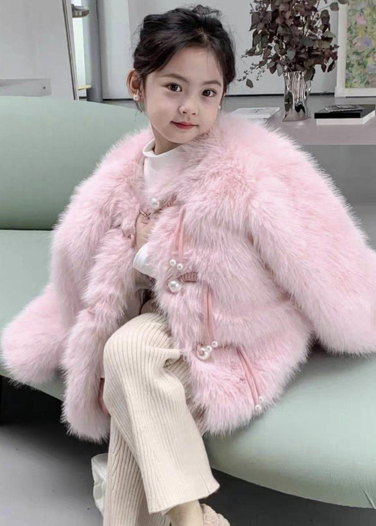 Cute Pink O-Neck Solid Mink Hair Girls Coat Long Sleeve