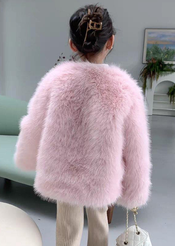 Cute Pink O-Neck Solid Mink Hair Girls Coat Long Sleeve