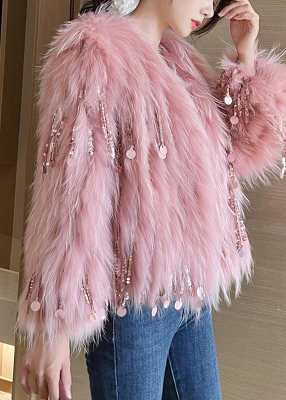 Cute Pink O-Neck Tassel Leather And Fur Coats Spring