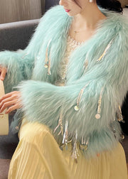 Cute Pink O-Neck Tassel Leather And Fur Coats Spring