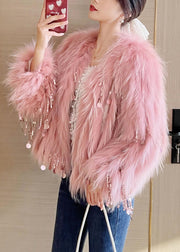 Cute Pink O-Neck Tassel Leather And Fur Coats Spring