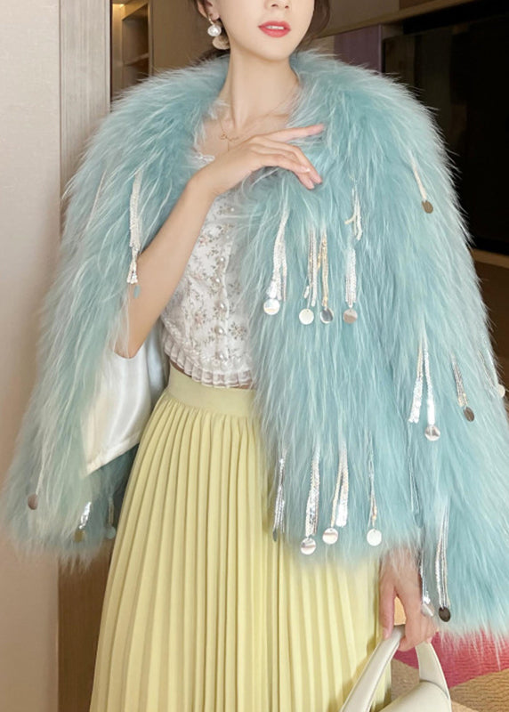 Cute Pink O-Neck Tassel Leather And Fur Coats Spring