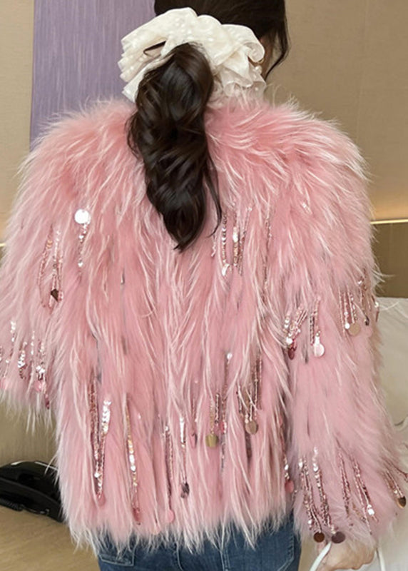 Cute Pink O-Neck Tassel Leather And Fur Coats Spring